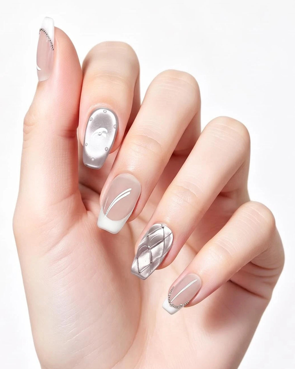 Soft & Versatile — press-on nails worn on hand, close view