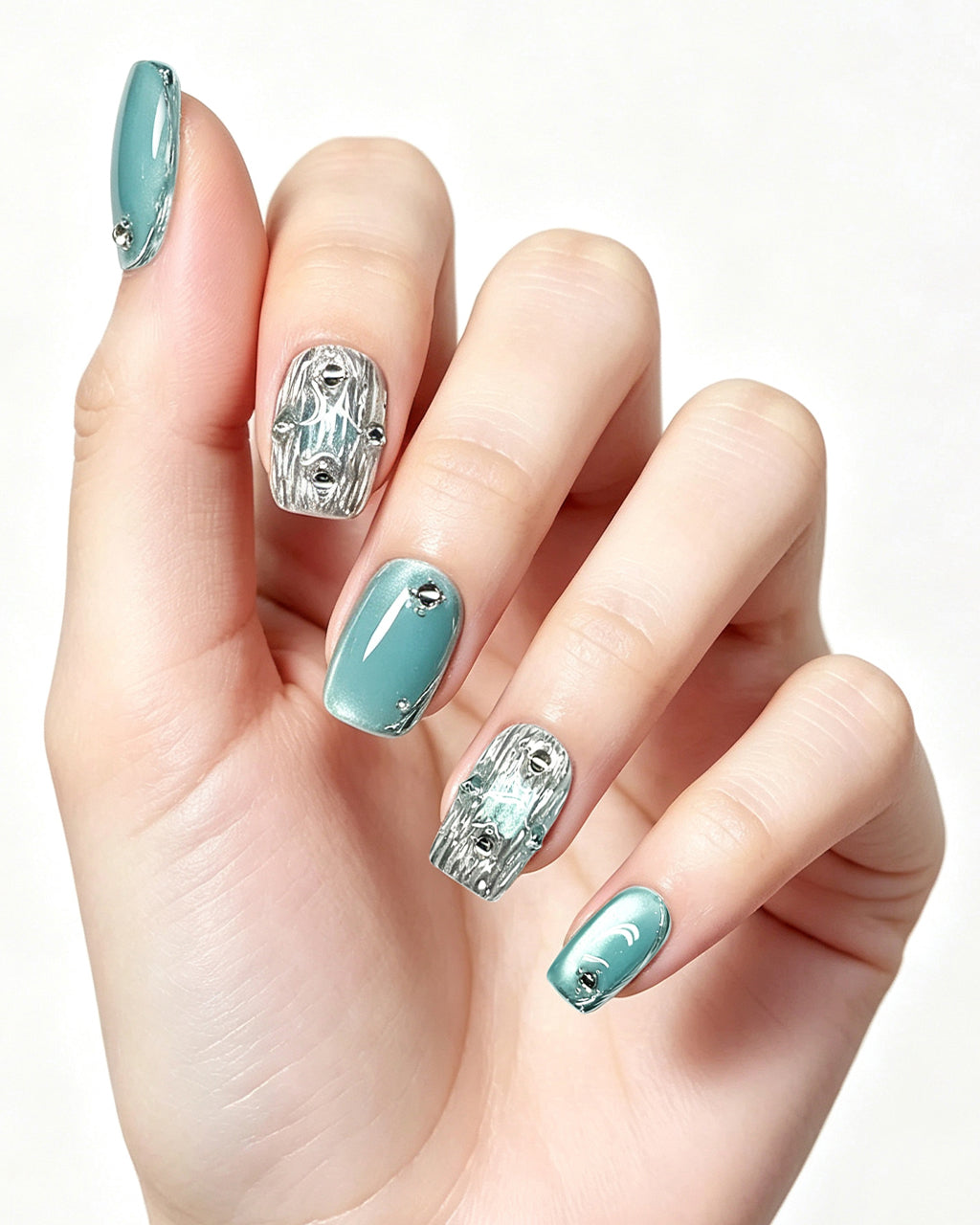 Mint Mirage — press-on nails worn on hand, close view