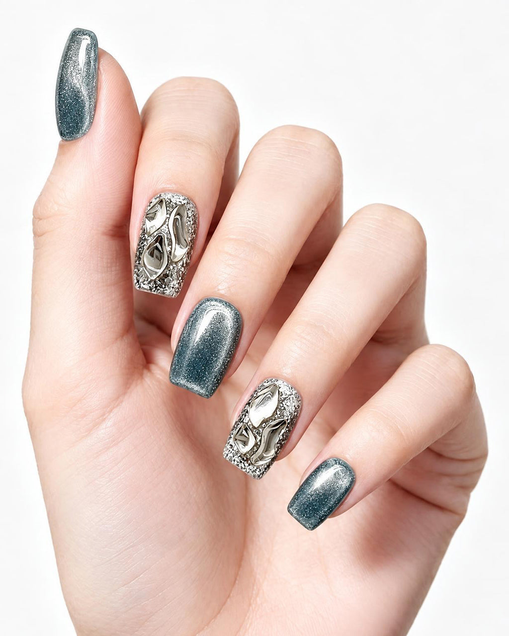 Molten Silver Chrome Cat-Eye Nails — press-on nails worn on hand, close view