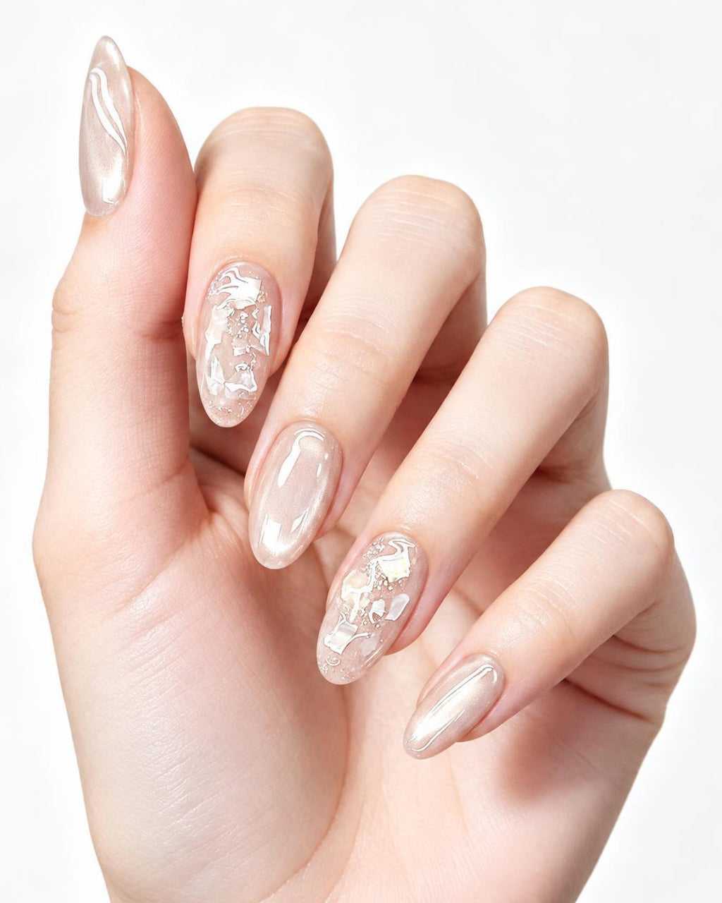 Ethereal Pearl | Iridescent Acetate Shell & Liquid Metal — press-on nails worn on hand, close view