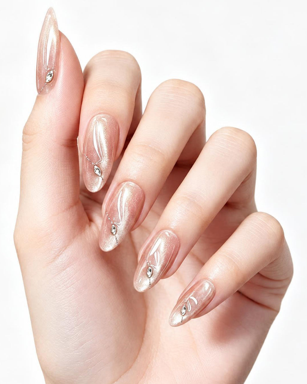 Nude Pink Shimmer Crystal Nails — press-on nails worn on hand, close view