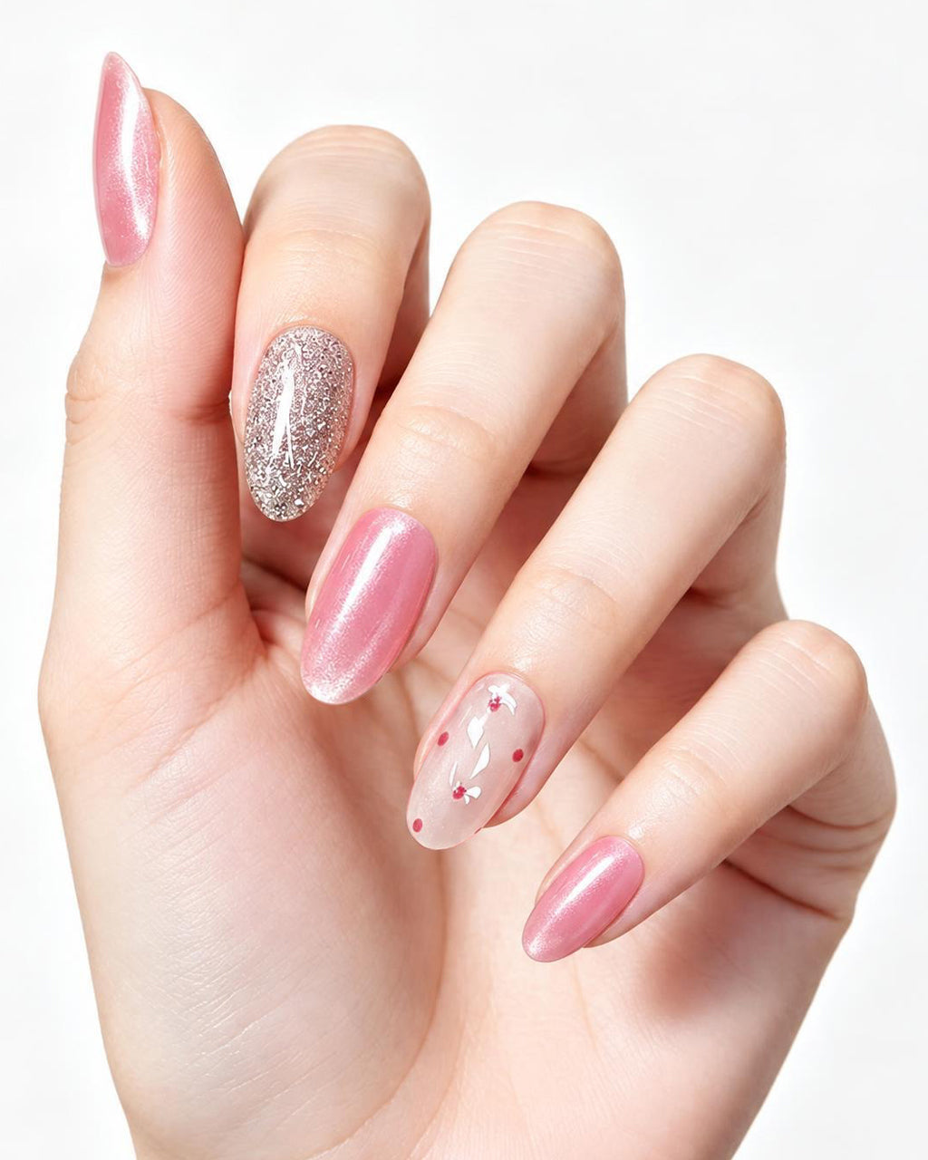 Cherry Pink Jelly — press-on nails worn on hand, close view