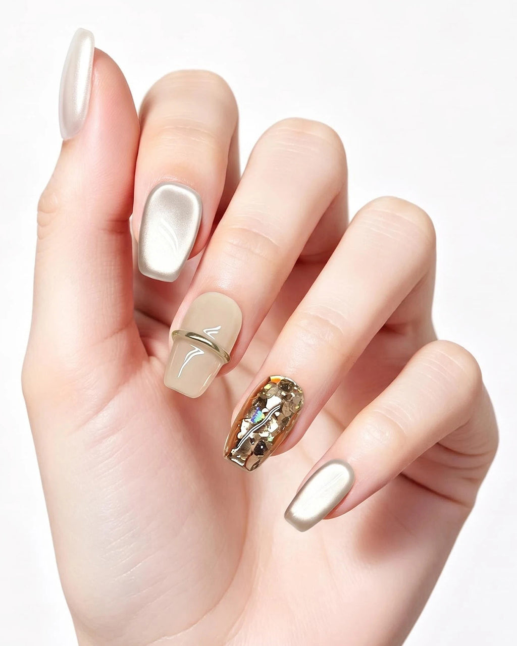 Soft & Versatile — press-on nails worn on hand, close view