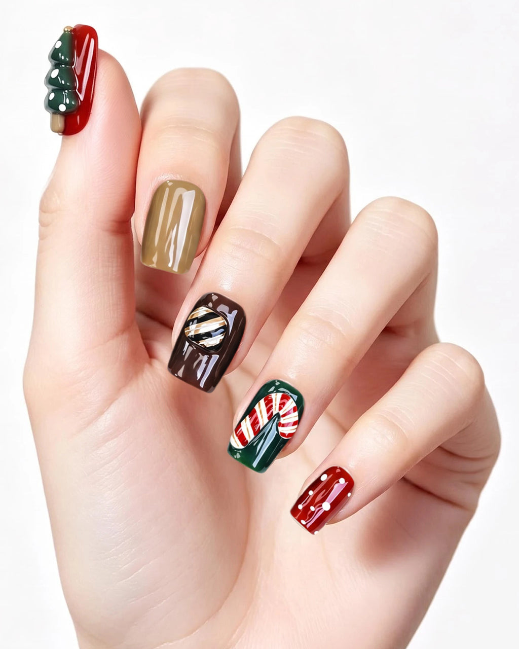 Christmas Fairy Tale — press-on nails worn on hand, close view