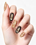 Celestial Star Cat-Eye Plaid Nails — press-on nails worn on hand, close view