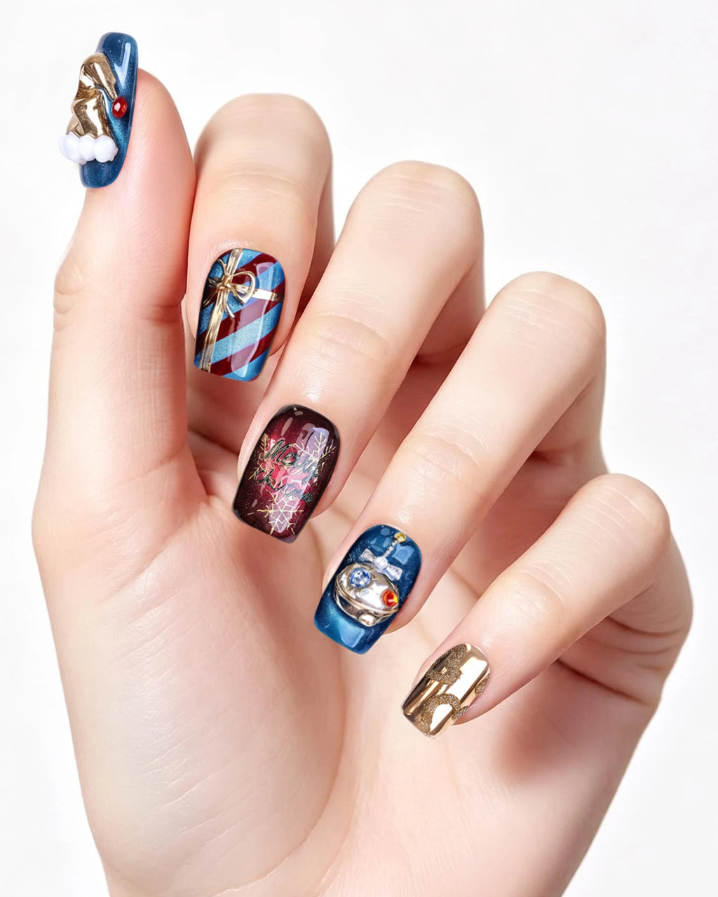 Christmas Fantasy — press-on nails worn on hand, close view
