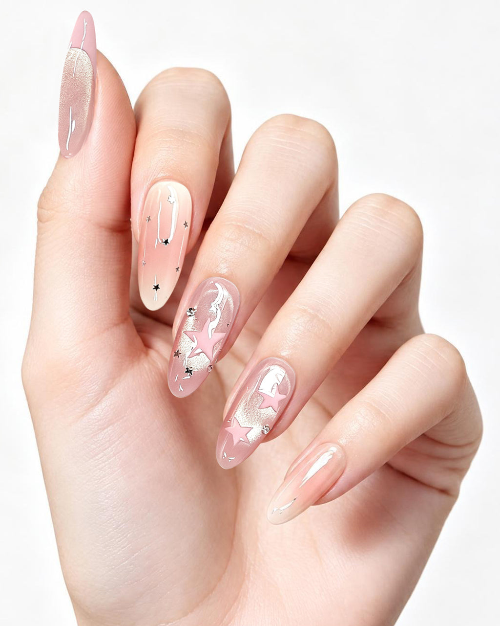 Pink Nebula — press-on nails worn on hand, close view