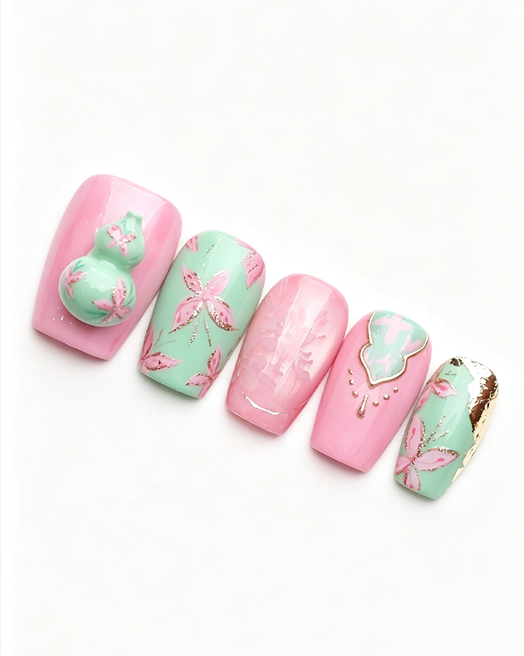 Blessing & Prosperity — pink press-on nail set, product detail view