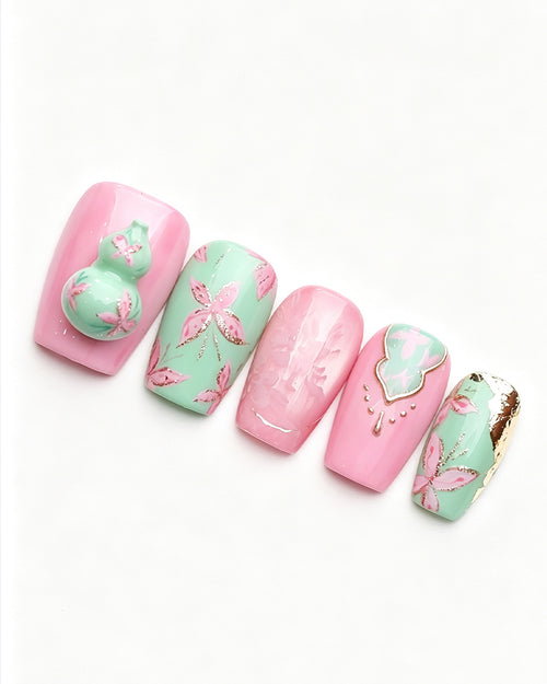 Blessing & Prosperity — pink press-on nail set, product detail view