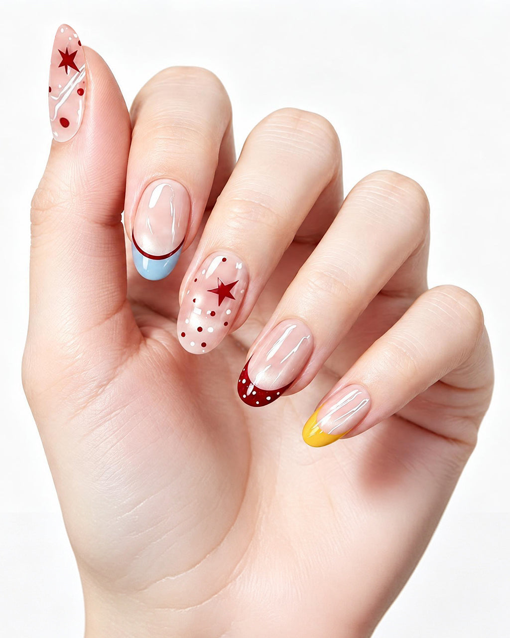 Berry Lemon Pastel French Nails — press-on nails worn on hand, close view
