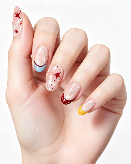 Berry Lemon Pastel French Nails — press-on nails worn on hand, close view