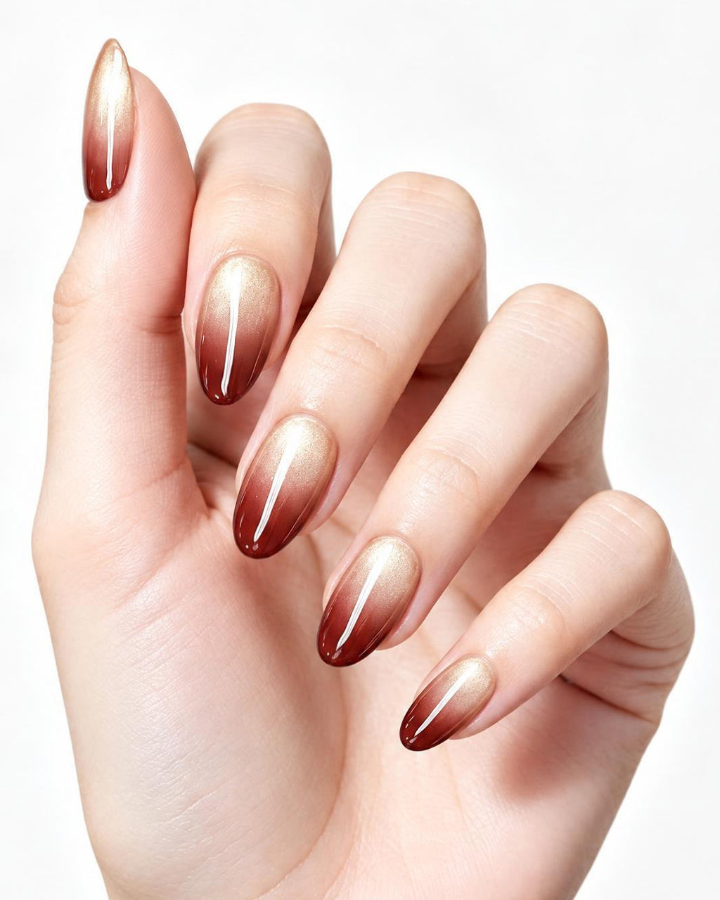 Wine Red Gradient Cat-Eye Nails — press-on nails worn on hand, close view
