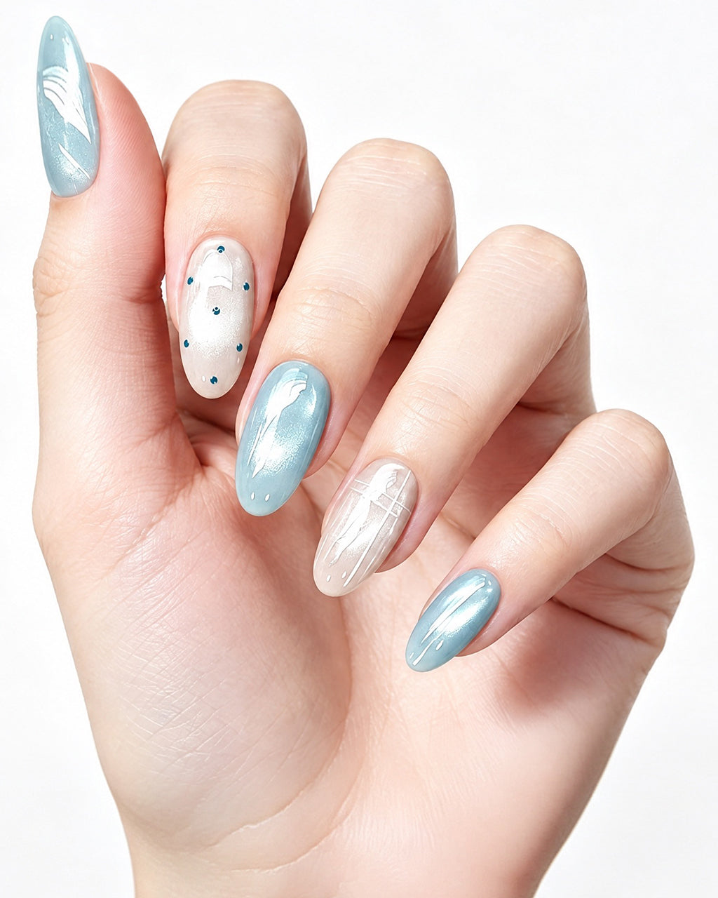 Seafoam Mint Cat-Eye — press-on nails worn on hand, close view