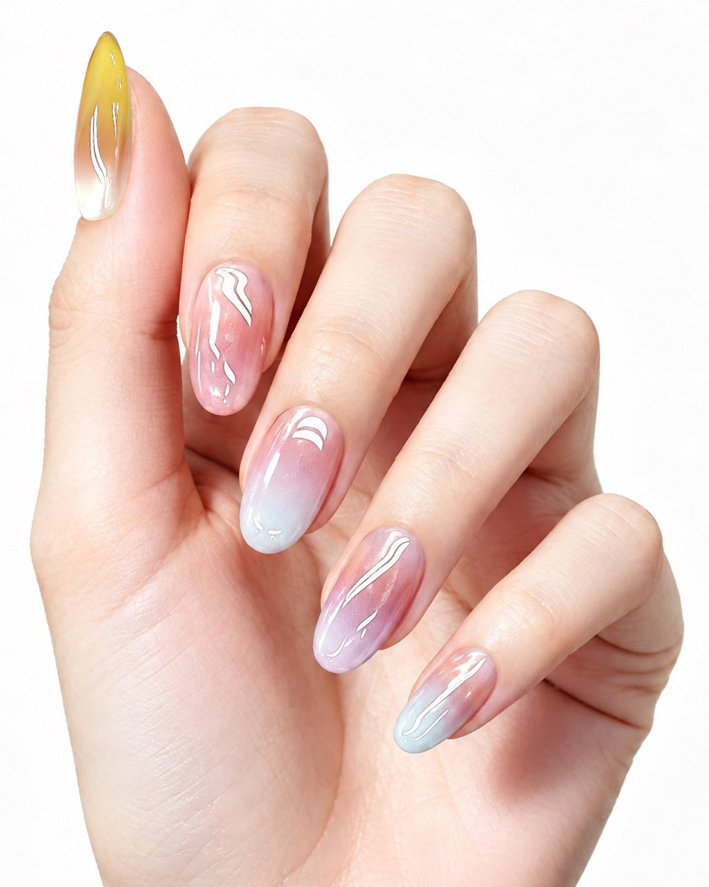 Sunset Mirage — press-on nails worn on hand, close view