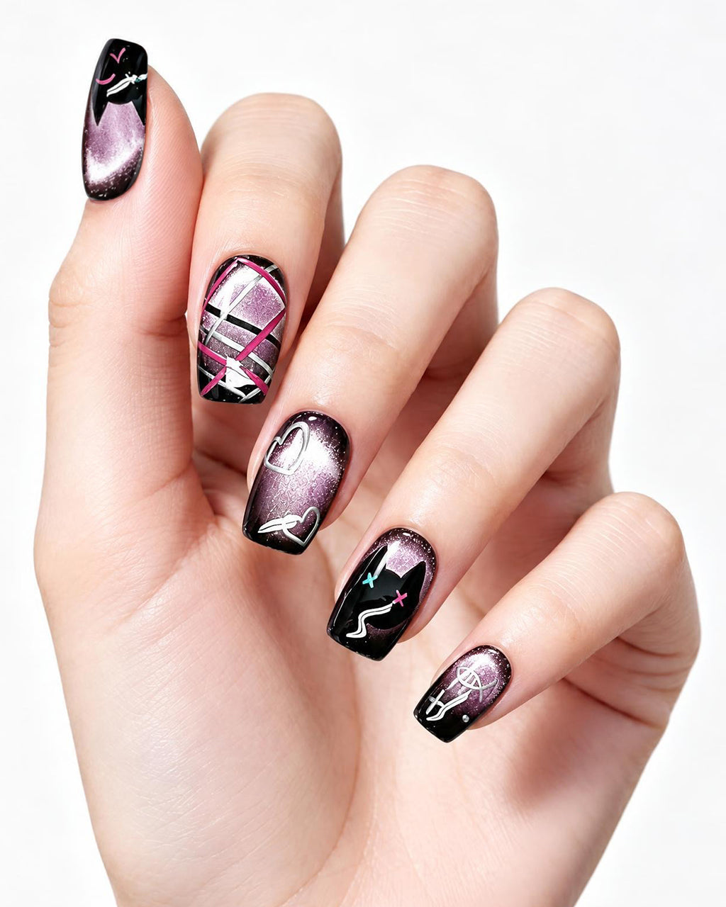 Black Framed Purple Cat-Eye Nails — press-on nails worn on hand, close view