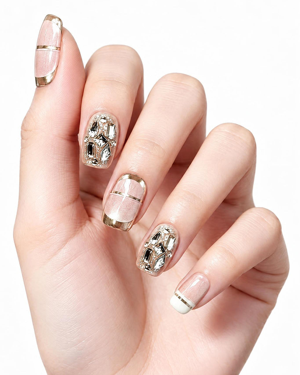 Champagne Glazed Pearl — press-on nails worn on hand, close view