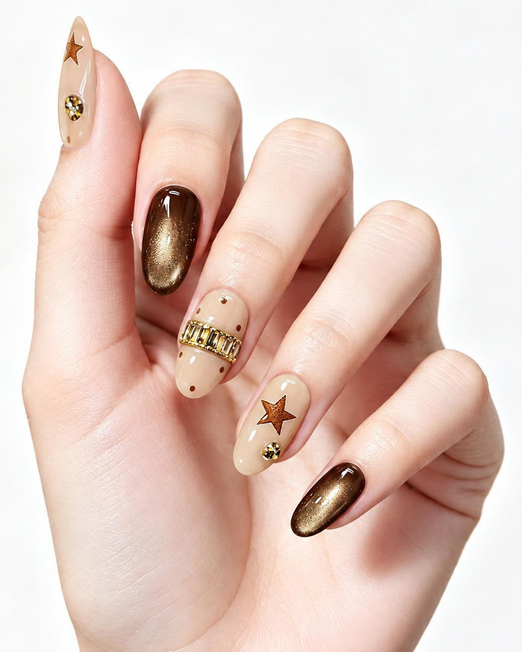 Mocha Cat-Eye Crystal Band — press-on nails worn on hand, close view