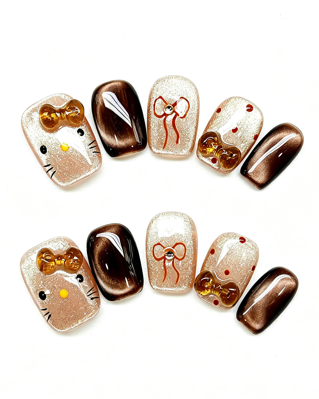 Caramel Brown Cat Eye — gold press-on nail set, full set, styled arrangement