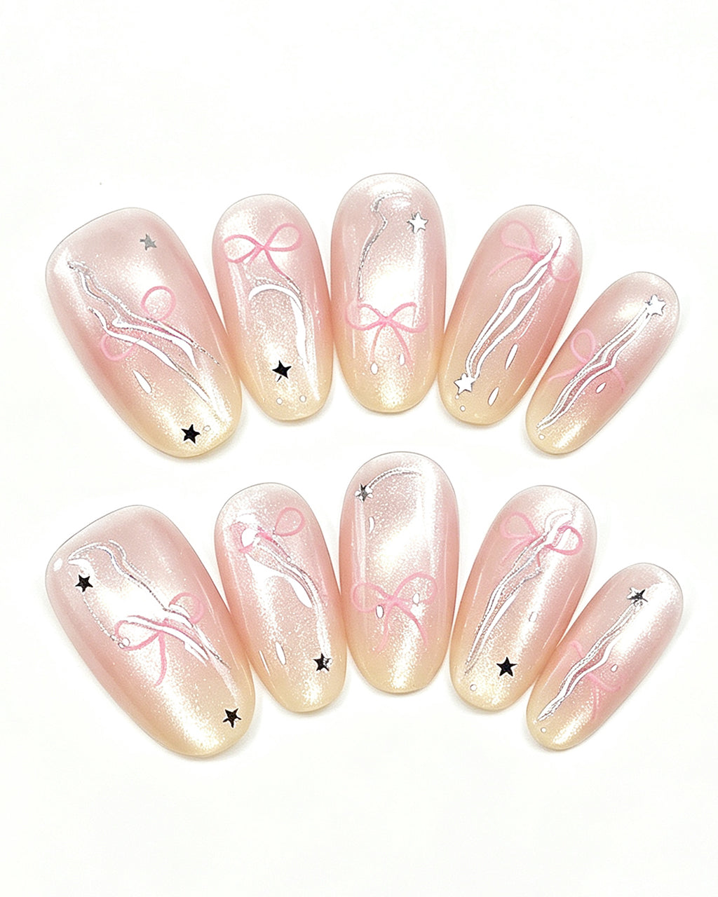 Soft Peach Blush Crystal — gold press-on nail set, product detail view