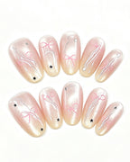 Soft Peach Blush Crystal — gold press-on nail set, product detail view