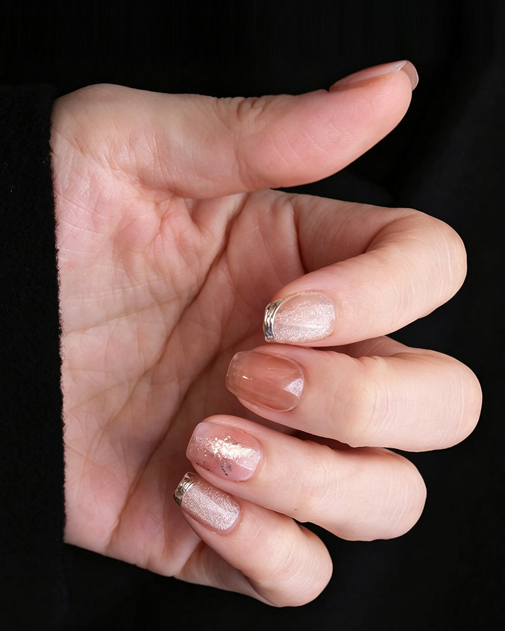 Blossom Peach | Nude Pink Cat Eye & Gold Foil — sizing guide: press-on nail size chart