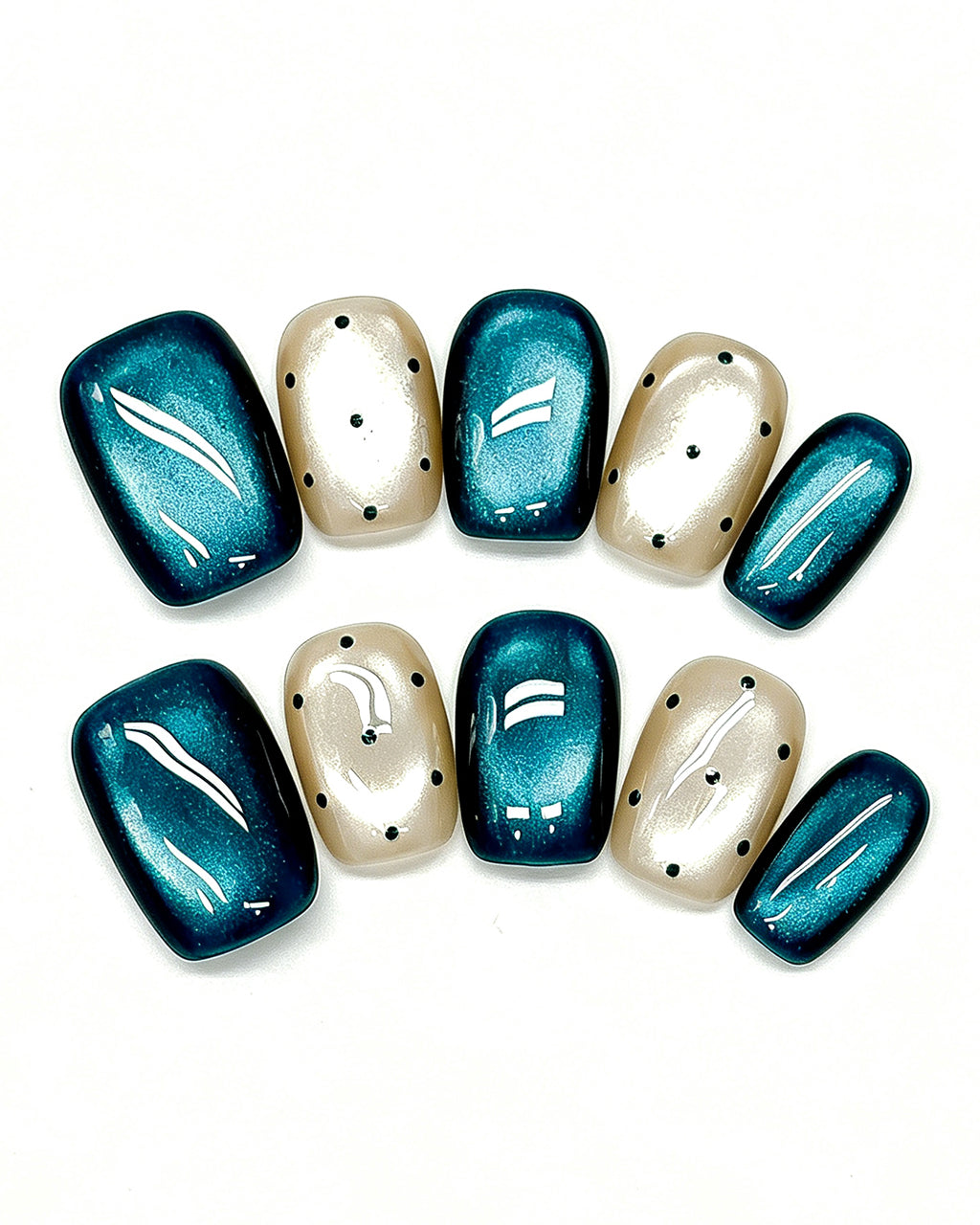 Oceanic Muse | Oceanic Muse | Teal Cat-Eye Polka Dot Nails — teal press-on nail set, product detail view