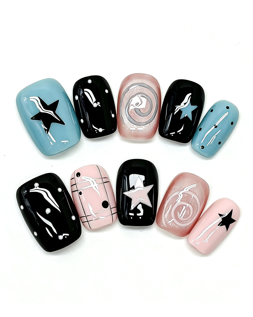 Y2K Star — teal press-on nail set, product detail view