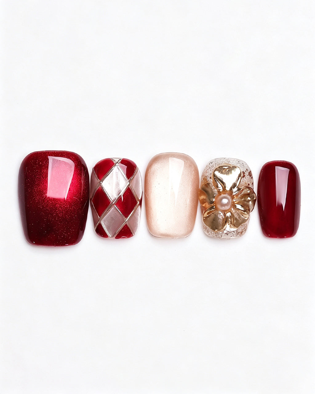 Moonlit Rose — red press-on nail set, full set view