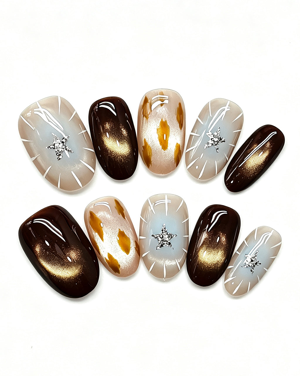 Mocha Starlight — gold press-on nail set, product detail view