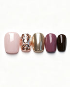 Gilded Warm Brown & Mirror Gold Handmade — pink press-on nail set, full set view