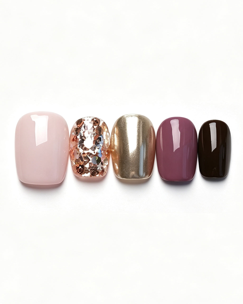 Gilded Warm Brown & Mirror Gold Handmade — pink press-on nail set, full set view