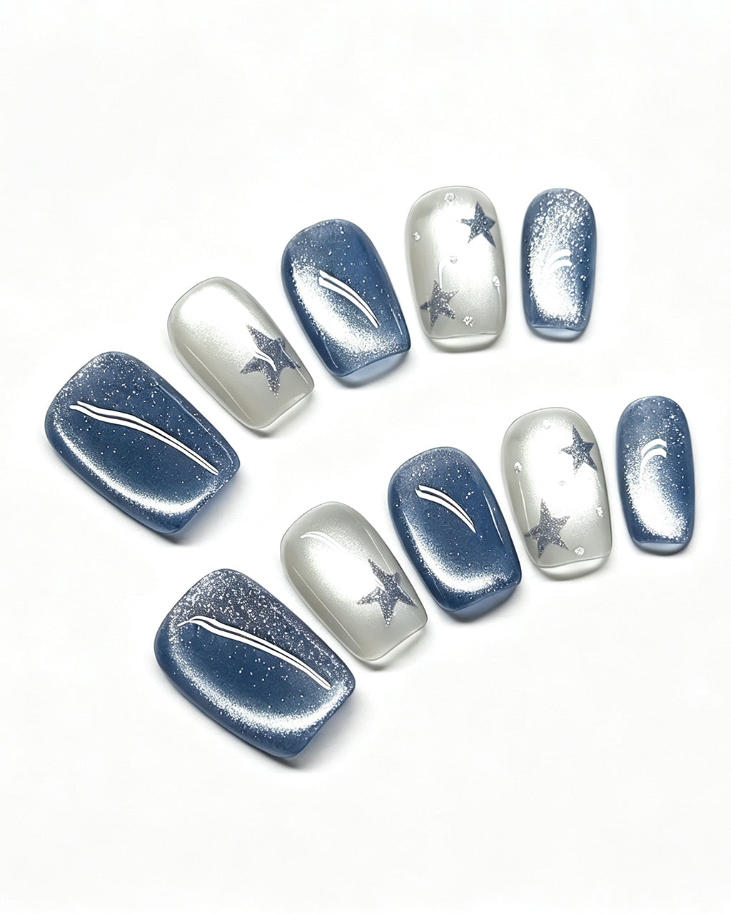 Star Flecks — blue press-on nail set, full set view