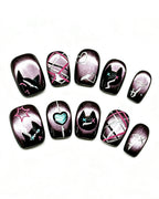 Black Framed Purple Cat-Eye Nails — black press-on nail set, full set view
