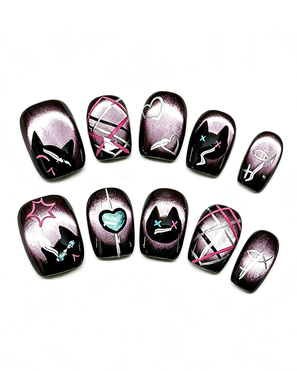 Black Framed Purple Cat-Eye Nails — black press-on nail set, full set view