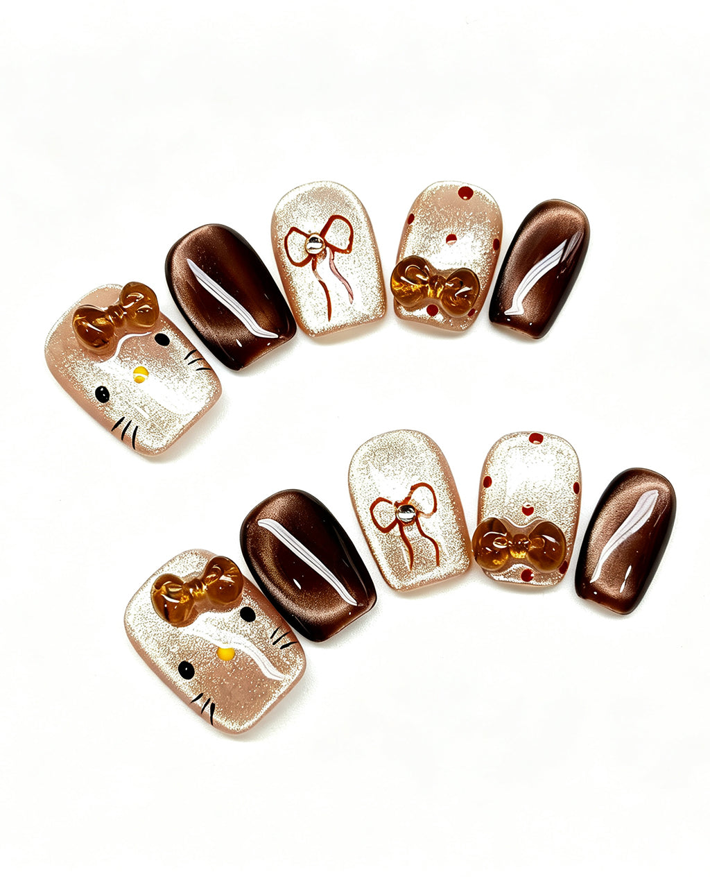 Caramel Brown Cat Eye — gold press-on nail set, product detail view