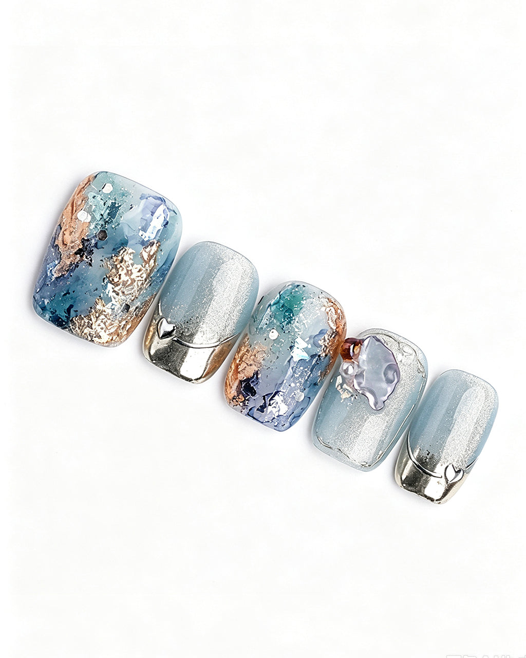 Dew Bubbles | Ice Blue Cat Eye & Chrome French Tip — press-on nail set, full set view