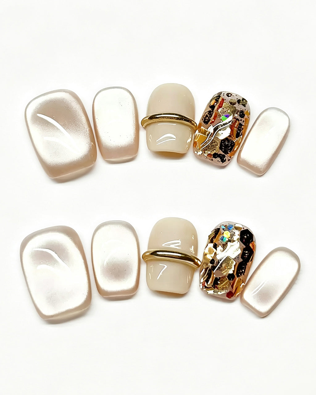 Soft & Versatile — gold press-on nail set, product detail view