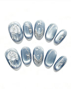 Steel Blue Cat-Eye Dewdrop — press-on nail set, product detail view