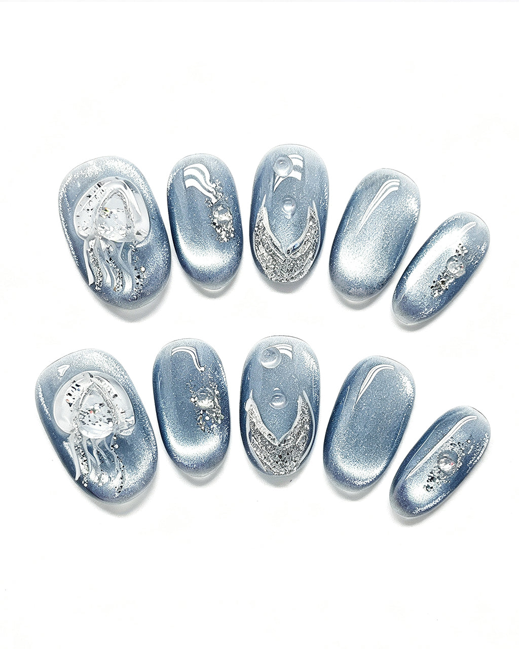 Steel Blue Cat-Eye Dewdrop — press-on nail set, product detail view