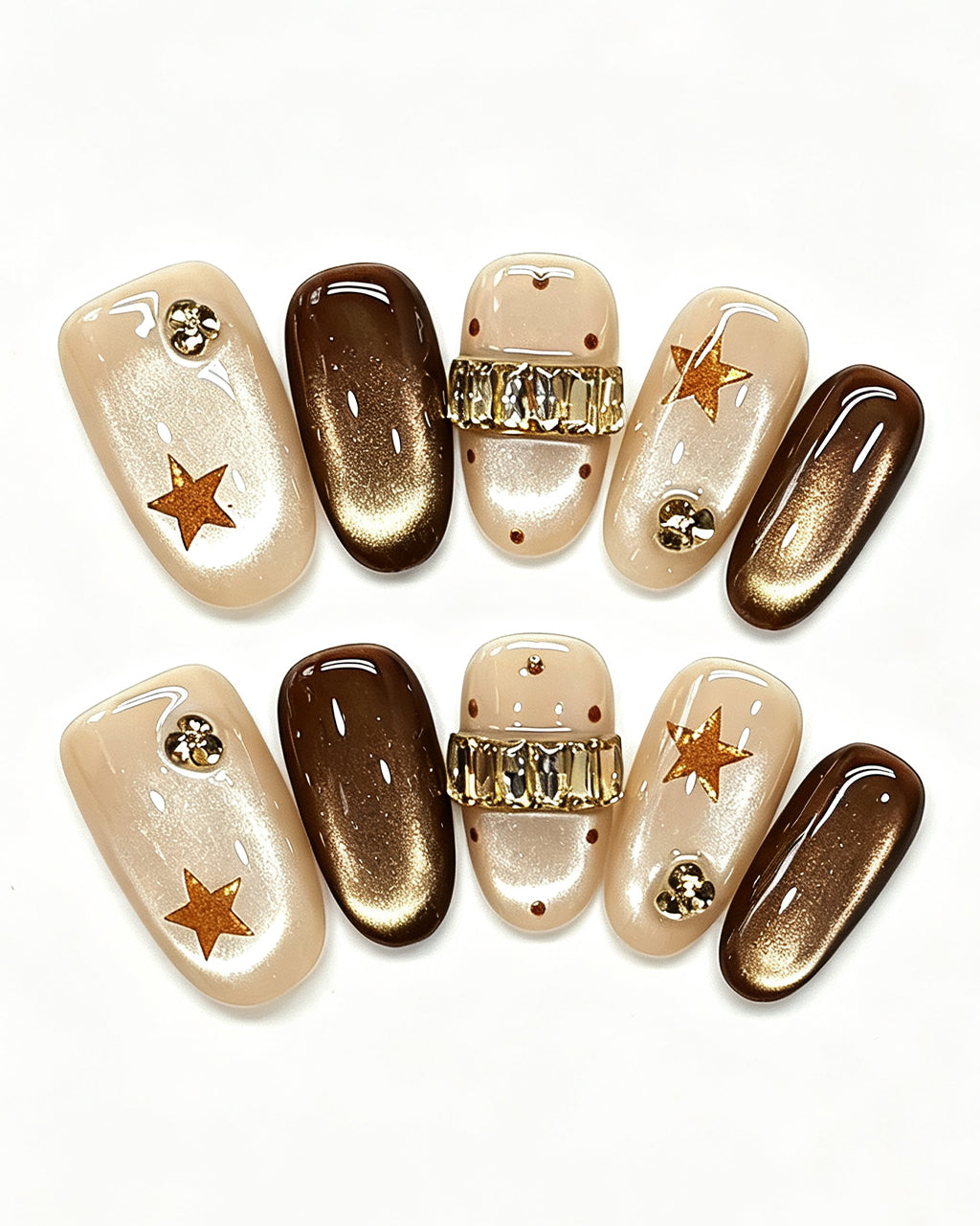 Mocha Cat-Eye Crystal Band — gold press-on nail set, product detail view