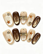 Mocha Cat-Eye Crystal Band — gold press-on nail set, product detail view