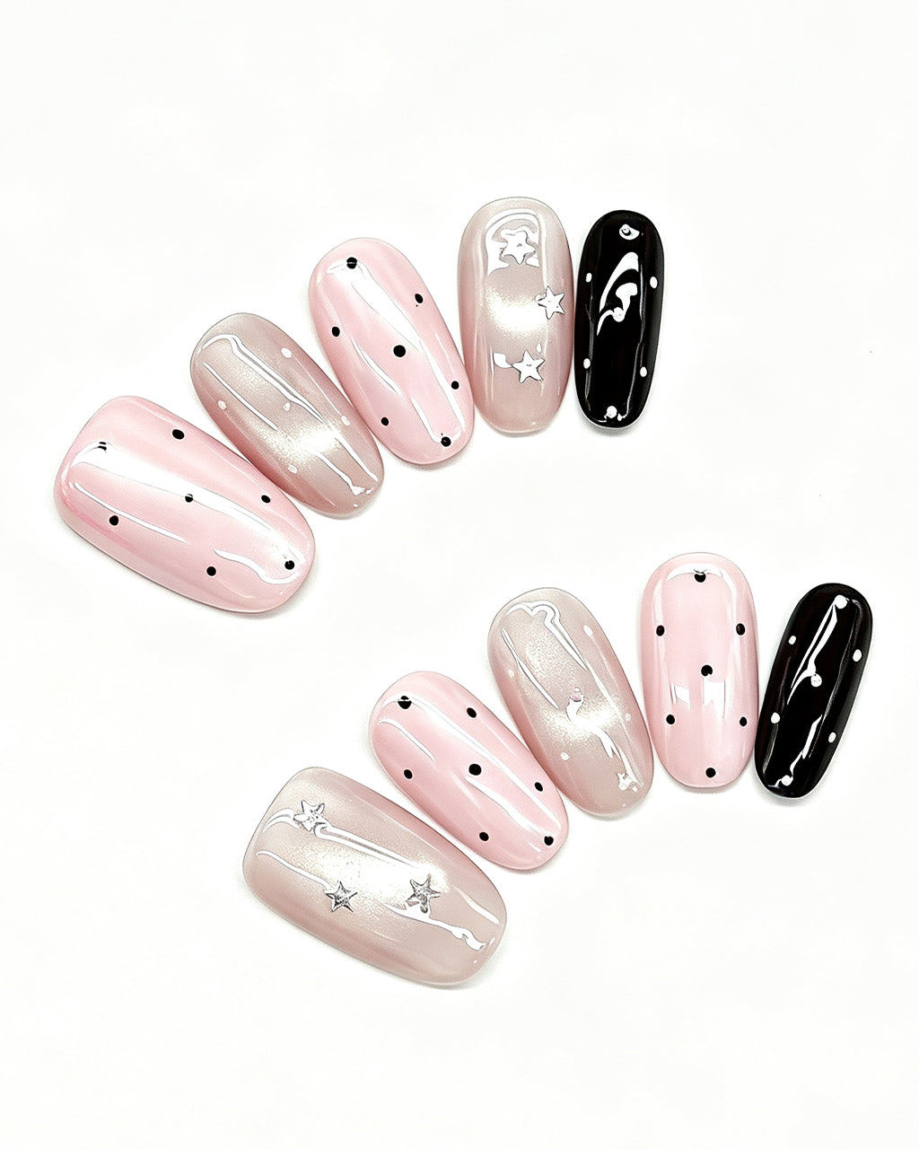Parisian Girl | Pink & Black Polka Dot Handmade — press-on nail set, full set view