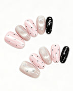 Parisian Girl | Pink & Black Polka Dot Handmade — press-on nail set, full set view