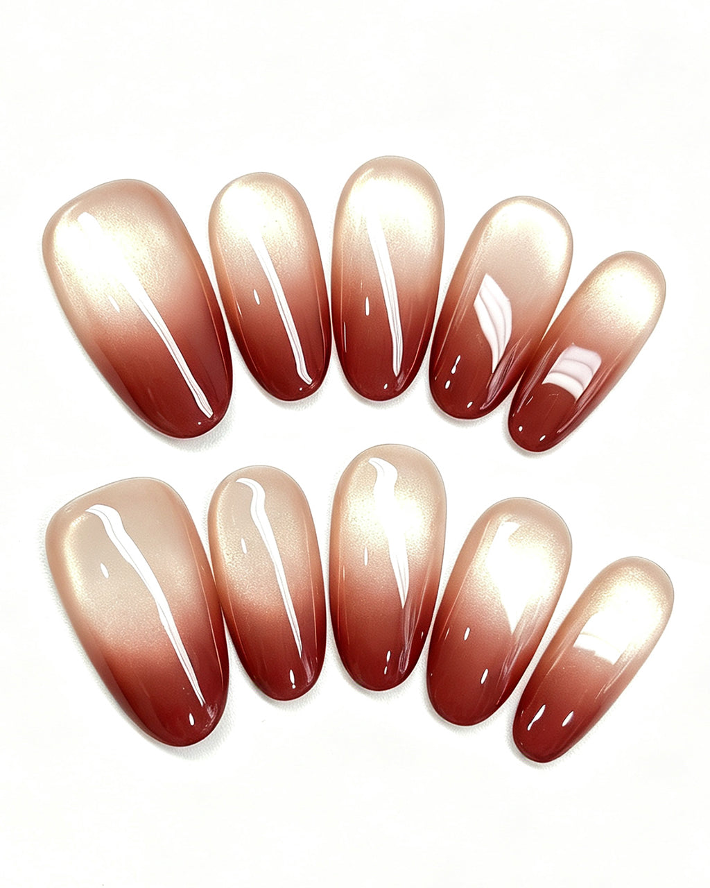 Wine Red Gradient Cat-Eye Nails — red press-on nail set, product detail view