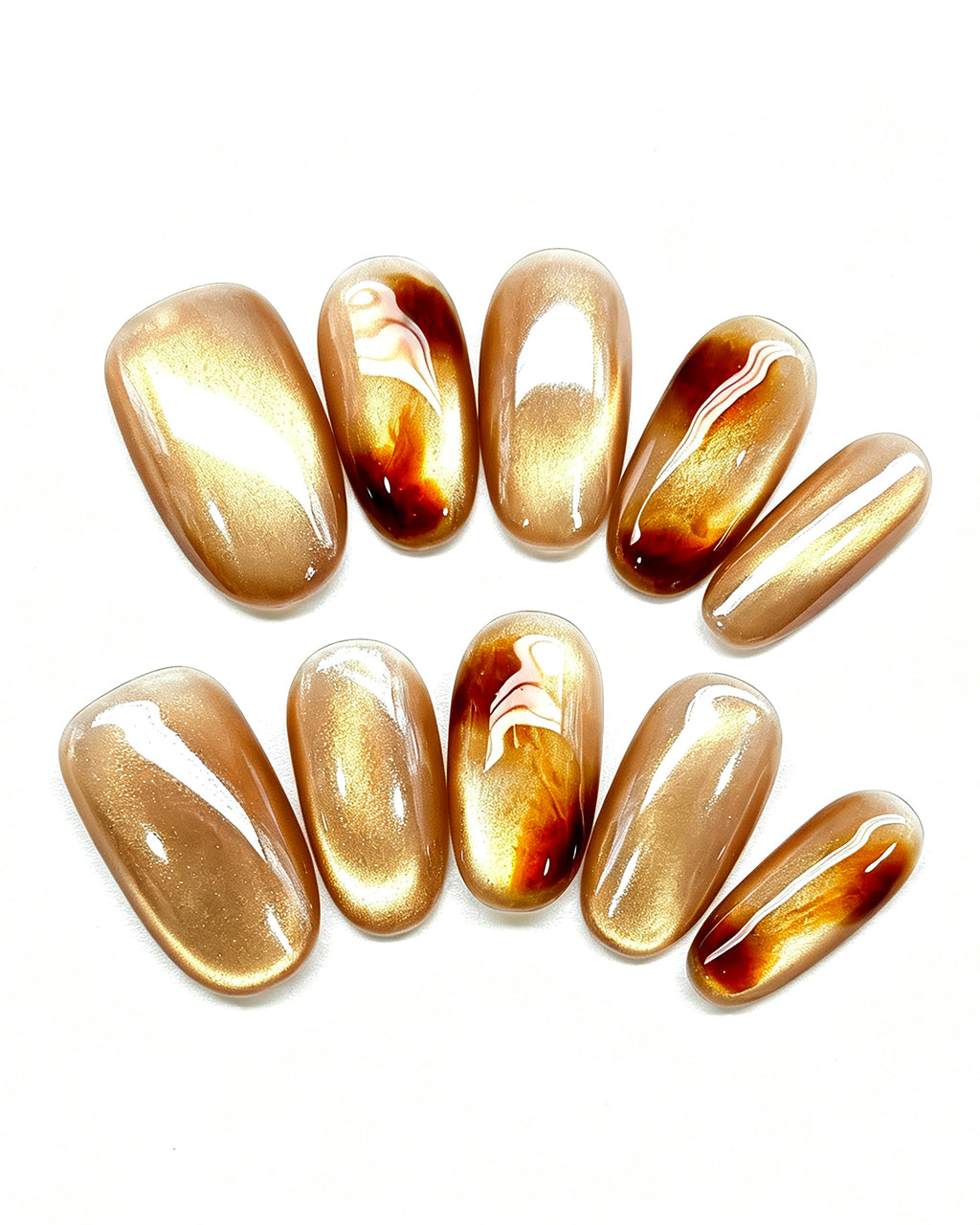Golden Amber — gold press-on nail set, product detail view