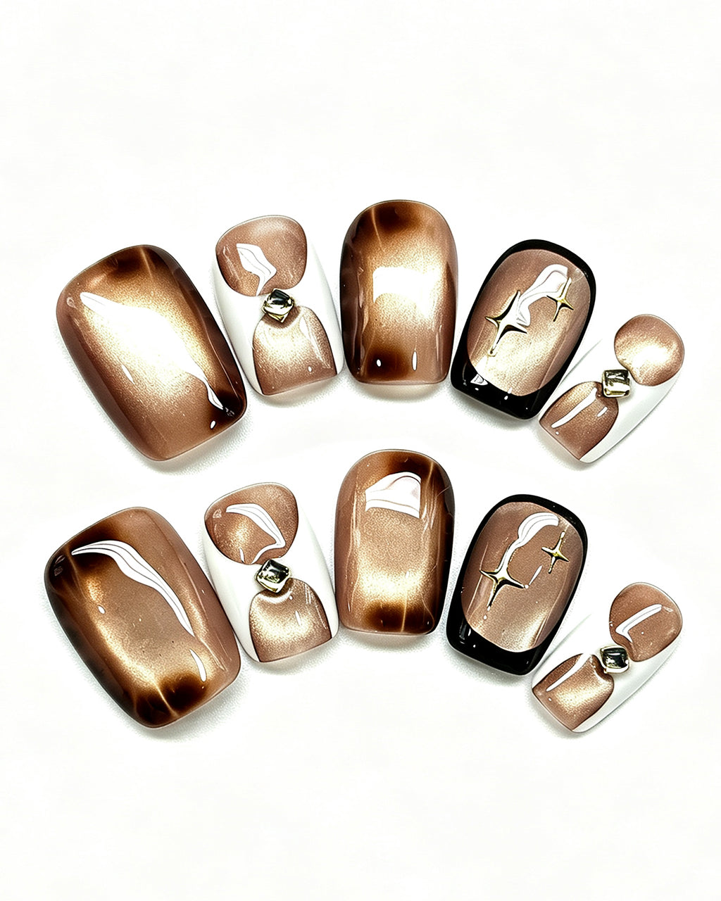 Golden Mocha Cat-Eye — gold press-on nail set, product detail view