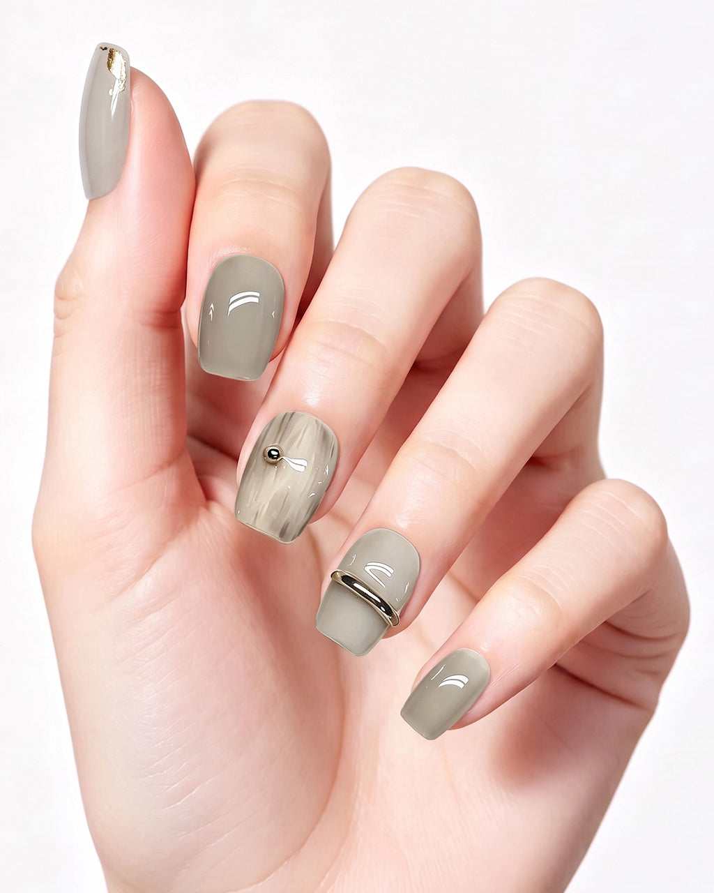 Minimalist Gray — press-on nails worn on hand, close view