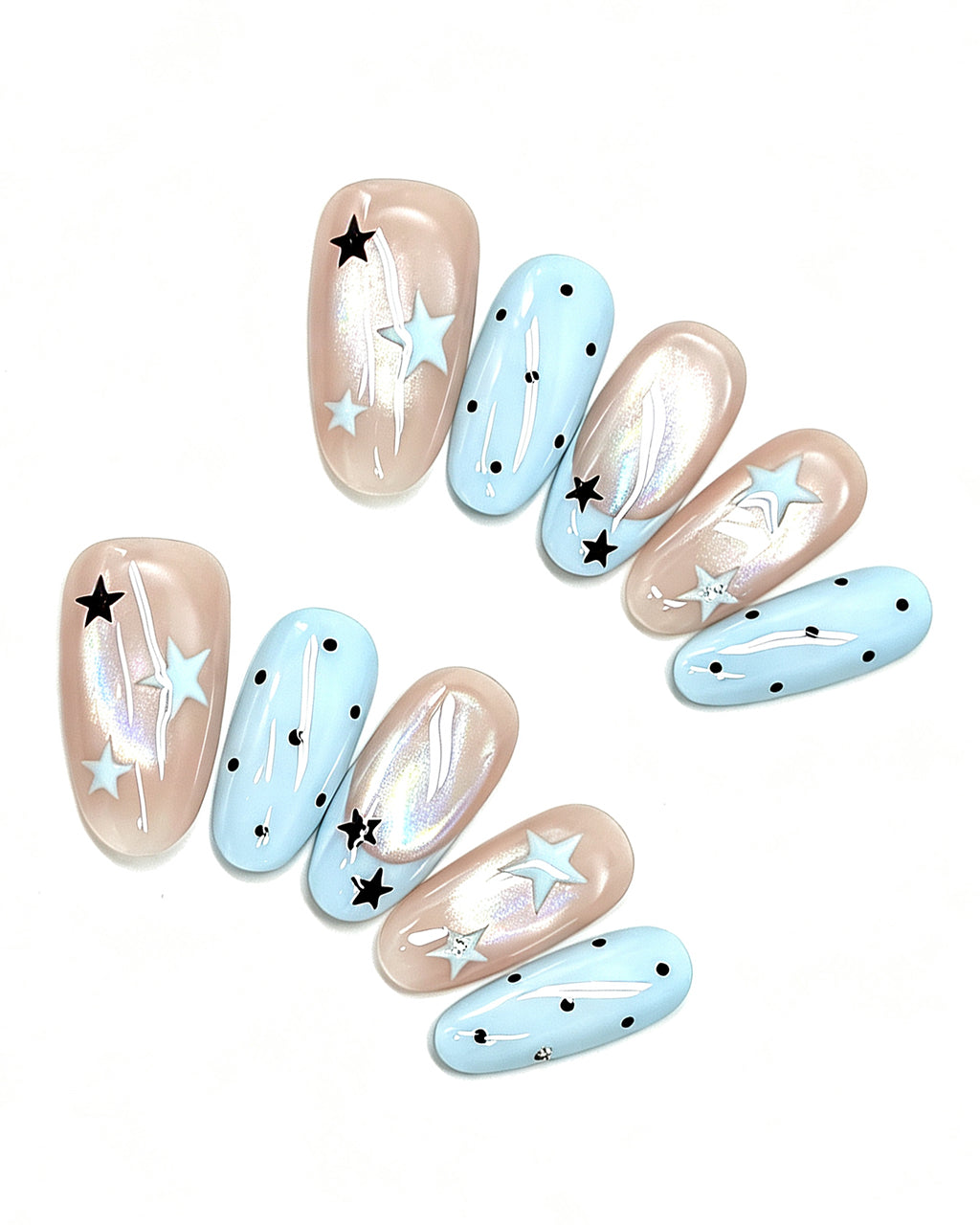 Pastel Blue Star French — press-on nail set, full set, styled arrangement