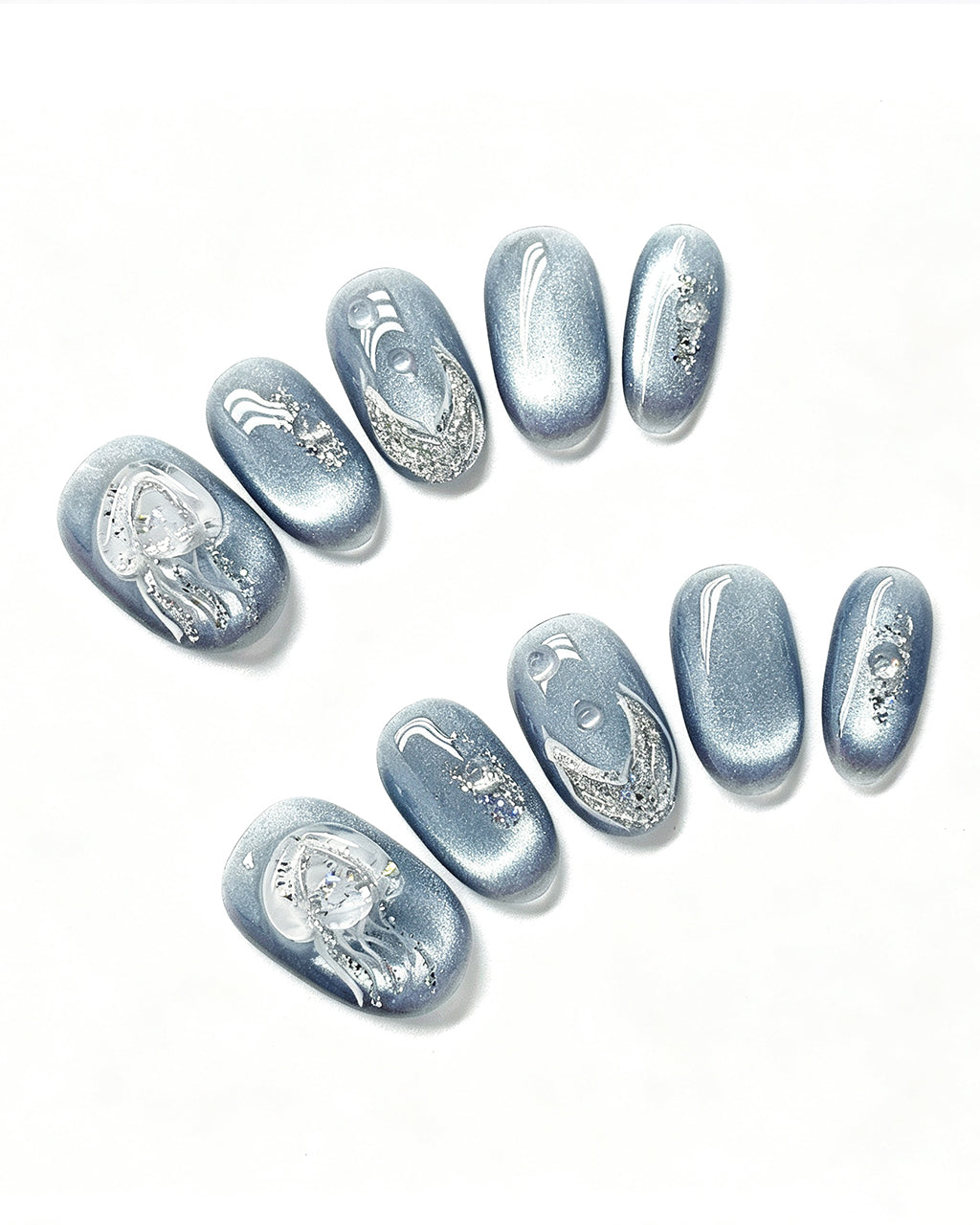 Steel Blue Cat-Eye Dewdrop — press-on nail set, full set view
