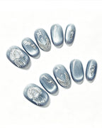 Steel Blue Cat-Eye Dewdrop — press-on nail set, full set view